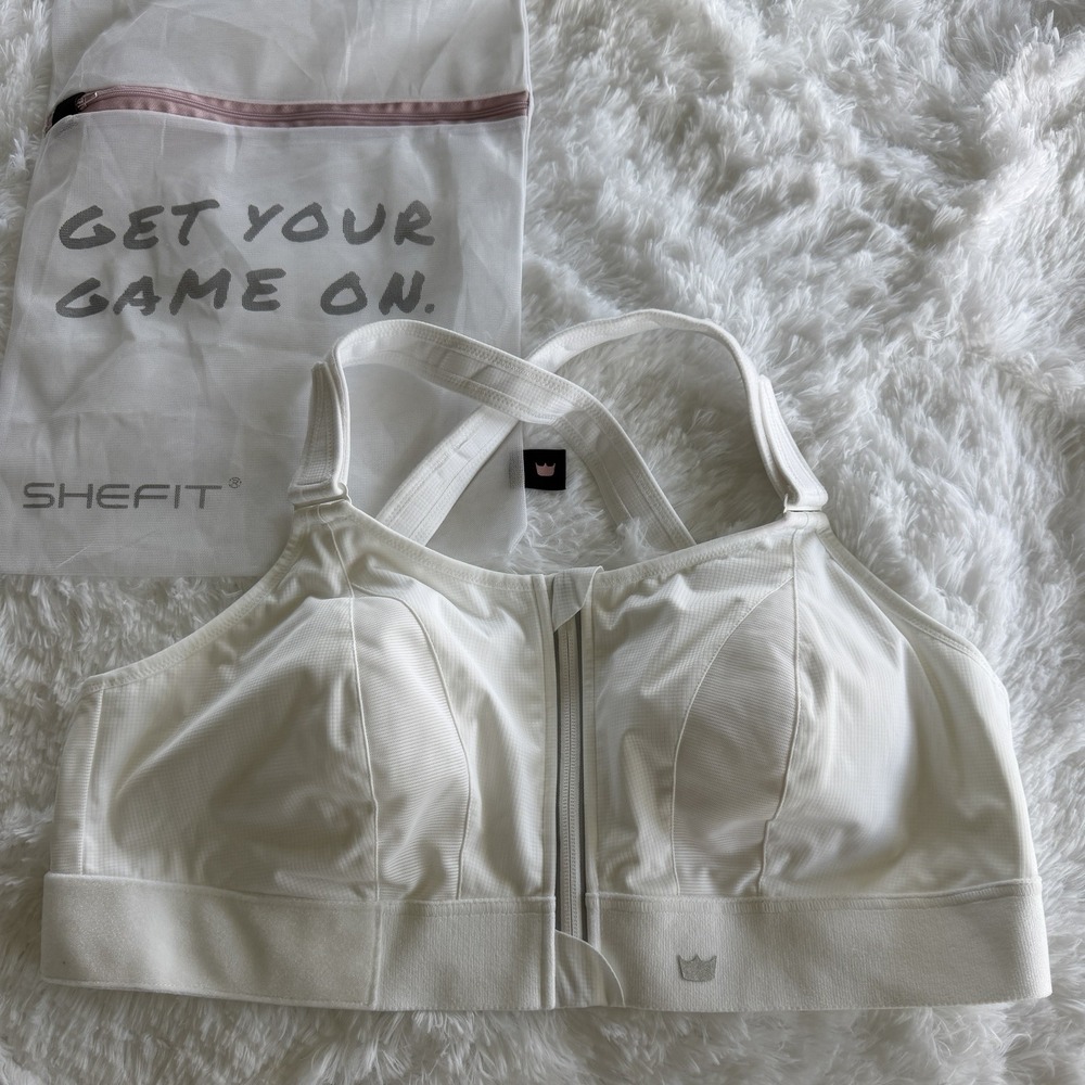 SHEFIT NWOT Ultimate Sports Bra White Size 3 Luxe High Impact Front Zip Wash Bag